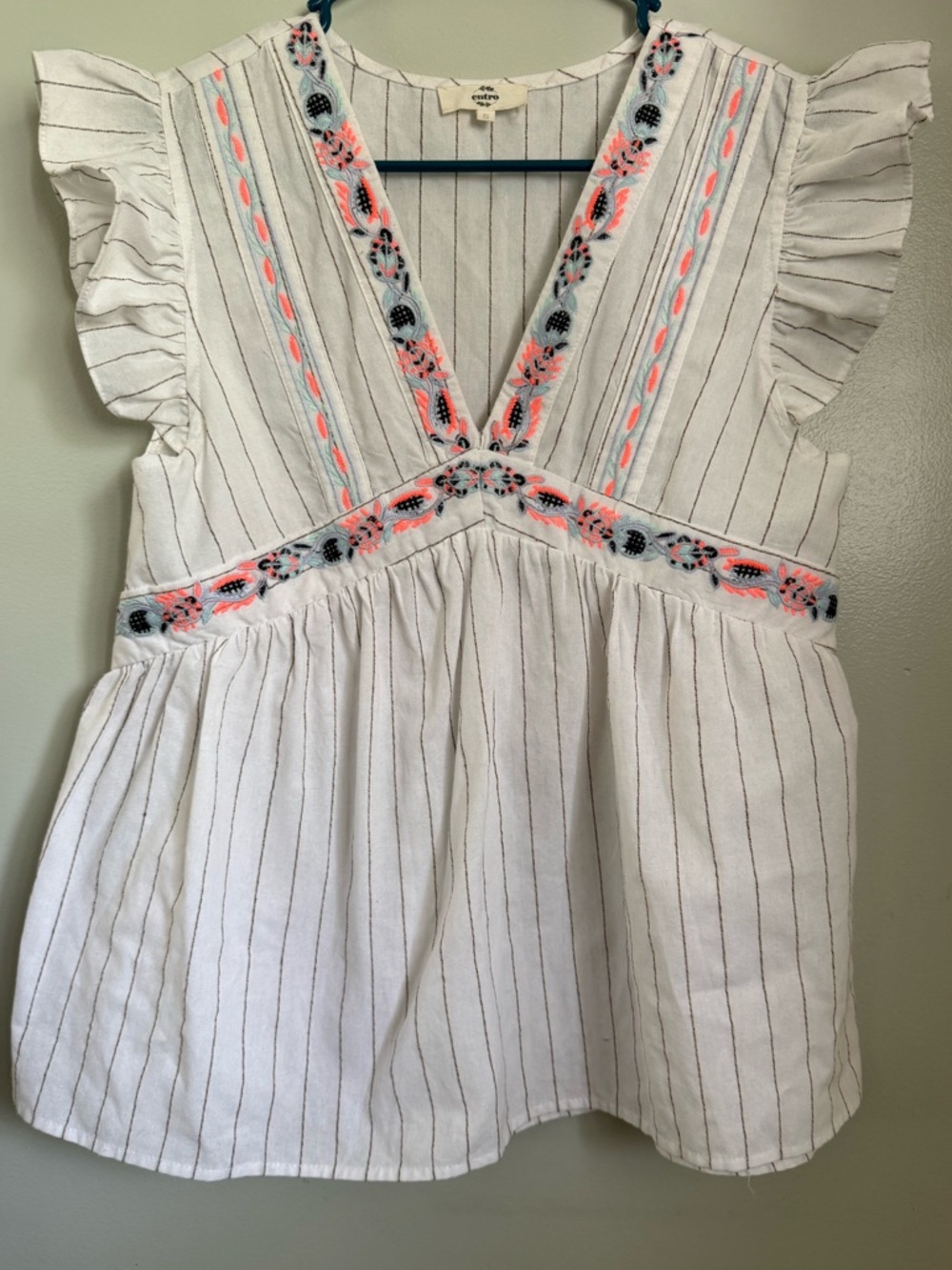 Entro Embroidered Boho Babydoll Top Small White Pink Blue Floral Pinstripe